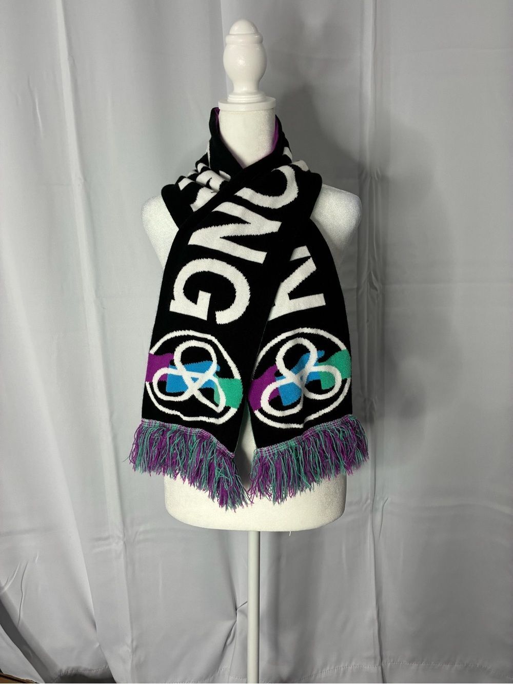 Unbranded Black White Graphic Knit Scarf Colorful Fringe Unisex Winter - Picture 2 of 7